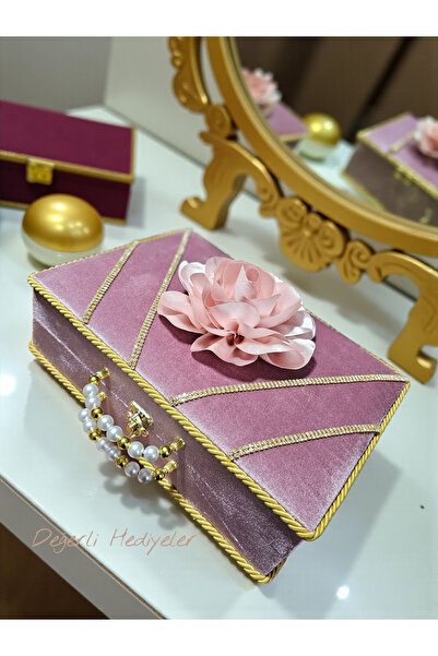 GÜLSEMALİ Çok Amaçlı Lüks Dekoratif Kadife Sandık Makyaj Kutusu Gülkurusu