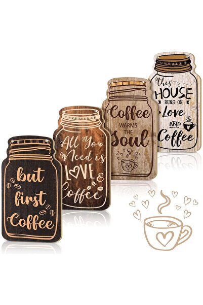 Jetec 4 Pieces Decorative Wood Coffee Bar Sign - Rustic Wall Hanging Plaque (...