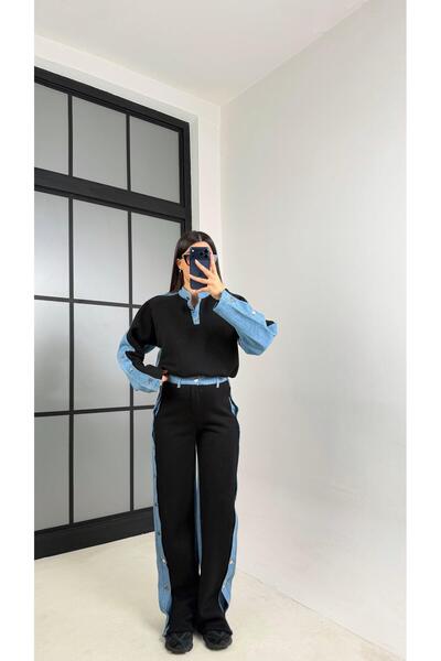 Gaus طقم بدلة رياضية مبطن بالصوف من قماش الدنيم باللون الأسود GAUS-00839