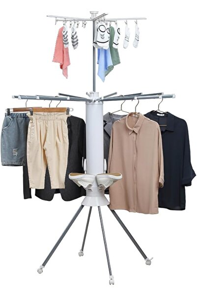 Lawazim رف تجفيف الملابس الدوار مزدوج الطبقات مع رف للأحذية، 112 × 112 × 172 سم