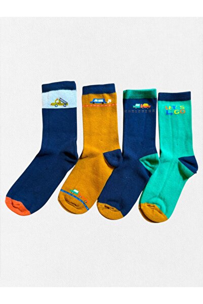 Fil Kids Erkek Çocuk Kışlık Çorap Pamuklu Kumaş 4'Lü Lacivert Hardal Yeşil Renk Araba Desenli A Kalite