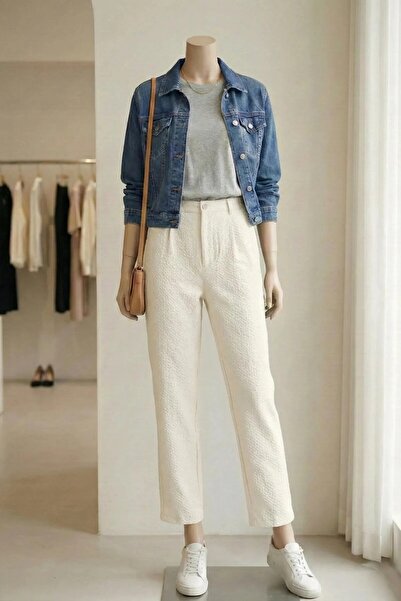inpool Pile Detailed, Comfortable Fabric, Elastic Waist, Loose, Oversized , White Trousers Sofia