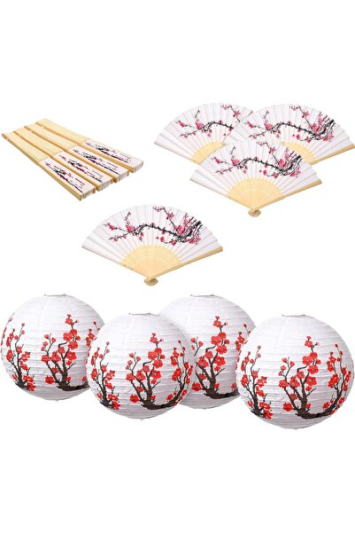 KASTWAVE فوانيس ورقية ومراوح يدوية قابلة للطي بنقشة أزهار الكرز، مجموعة ديكور...