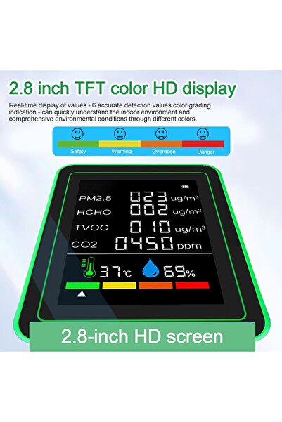 NALACAL جهاز مراقبة جودة الهواء الداخلي 6 في 1، كاشف ثاني أكسيد الكربون LCD H...