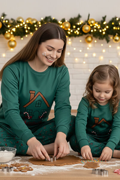 ELİTOL Thermal Christmas House Embroidered Mother-Daughter Pajama Set