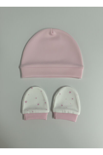 Messido طقم قبعة قطنية 100% - قفازات - نجوم وردية