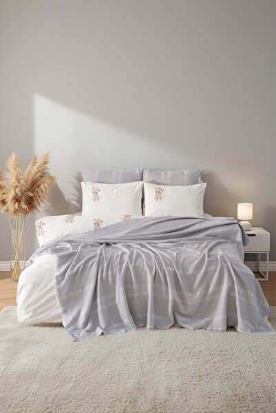 Rivaİstanbul Amara Stone Embroidered Double Size 100% Cotton Duvet Cover Set - 7 Piece Dowry Set