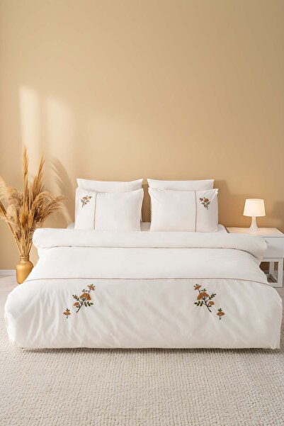 Rivaİstanbul Donna Beige Embroidered Double Cotton Duvet Cover Set - 6 Piece Dowry Set
