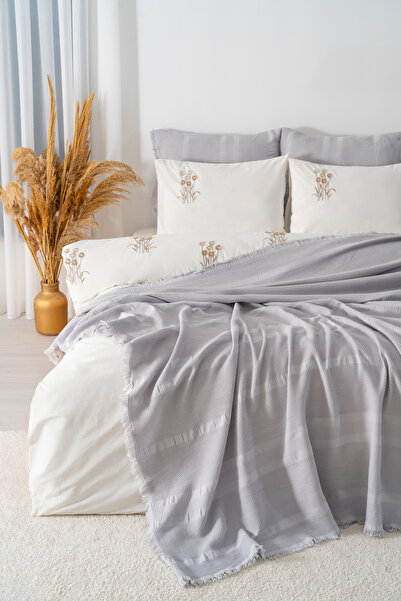 Rivaİstanbul Amara Stone Embroidered Double Size 100% Cotton Duvet Cover Set - 7 Piece Dowry Set