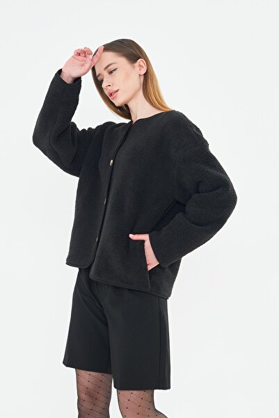 TUBİA Women's Black Color Plush Jacket with Stretchable Pockets