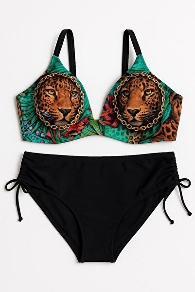 RAPAPA Women's Leopard Printed Support Bikini Set – Adjustable Black Bottom 1110-45