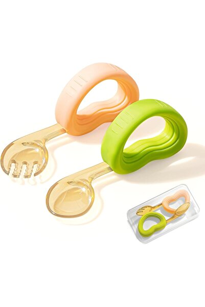 Tazweeq طقم شوكة وملعقة للأطفال من عمر ١٢ إلى ١٨ شهرًا بمقبض سيليكون ناعم، وح...