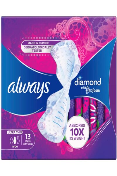 Always فوط صحية دايموند فليكس فوم كبيرة بأجنحة، 13 قطعة