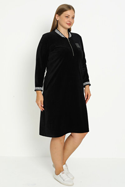İntensive Women's Plus Size Black Cotton Velvet Pocket Zipper Print Detail Long Sleeve Dress