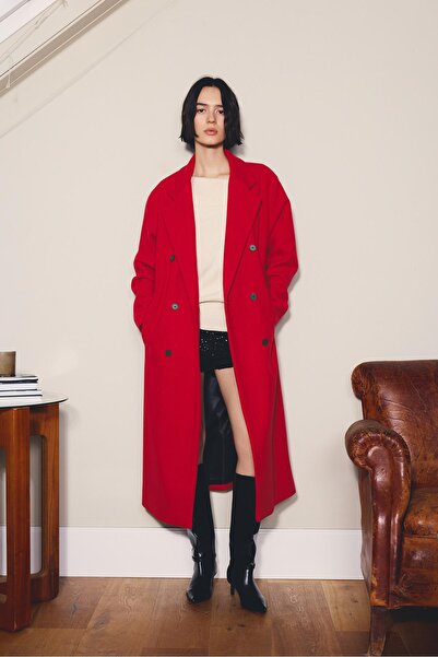 Pull & Bear Yumuşak dokulu uzun kırmızı kaban