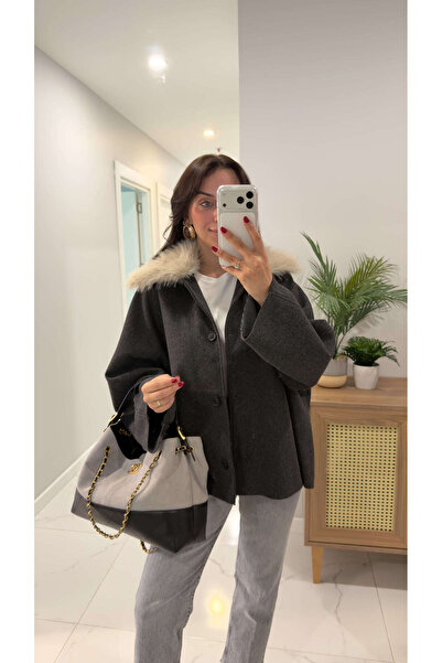 BİRCANÇİL Tita Anthracite Fur Collar Jacket