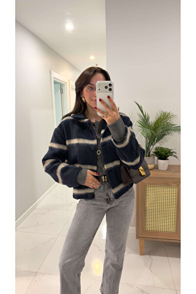 BİRCANÇİL Oreo Navy Blue Patterned Cashmere Jacket