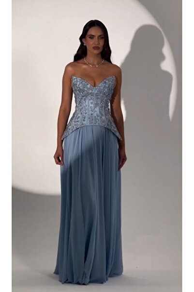 ALFABETA Strapless Sequin Corset with Long Chiffon Skirt Evening Dress