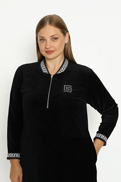 İntensive Women's Plus Size Black Cotton Velvet Pocket Zipper Print Detail Long Sleeve Dress