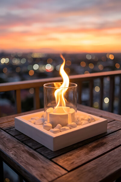 ZURİ DESİGN Beton Masaüstü Şömine – Dumansız Dekoratif Taşlı Biyoetanol Şömine + 1 Lt Yakıt Hediyeli | Luma Z.2