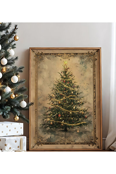VOBA STORE Yılbaşı konseptli çerçeve görünümlü vintage çam ağacı baskısına sa...