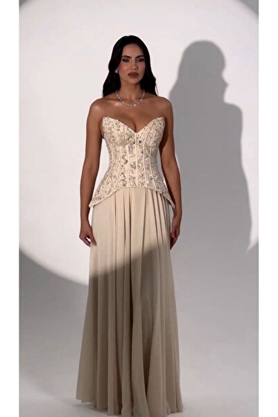 ALFABETA Strapless Sequin Corset with Long Chiffon Skirt Evening Dress
