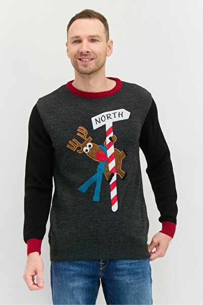 Trendyol Collection Men Crew Neck Embroidered Long Sleeve Sweater, Grey