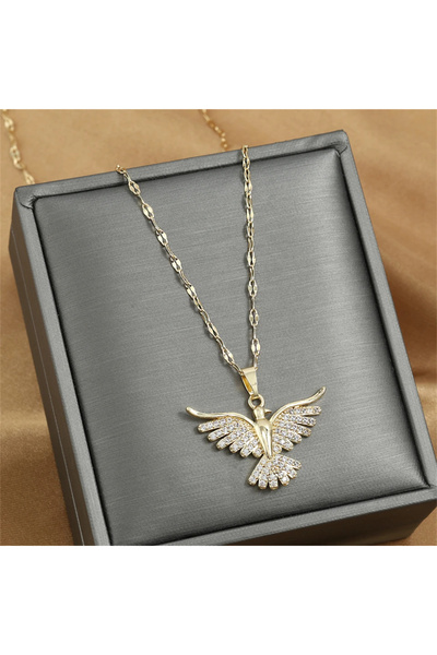 GlaMLo Accessories Gold Stainless Steel Chain Necklace with Wings Pendant