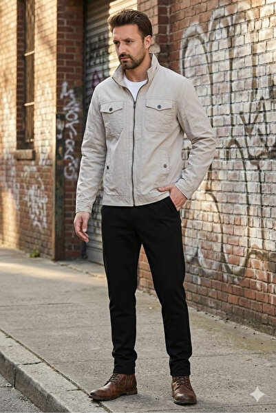 DYNAMO Comfortable Fit Mock Neck Stylish Slim Linen Coat with Front Zipper, Lined Interior, and Flap Pockets