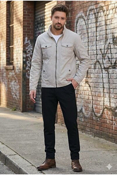 DYNAMO Comfortable Fit Mock Neck Stylish Slim Linen Coat with Front Zipper, Lined Interior, and Flap Pockets