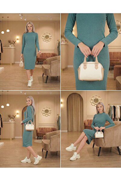 CrazyShopping Rochie pentru femei guler ridicat Bodycon cu mânecă lungă din material subțire tricotaj cu striații Mini lungime-albastru