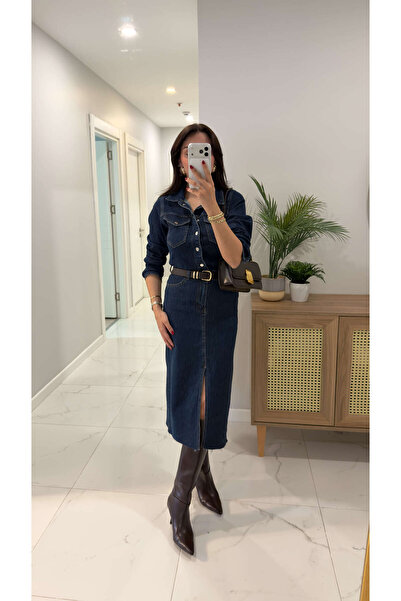 BİRCANÇİL ZR Hutta Rochie din denim albastru deschis cu detaliu cu fante în față