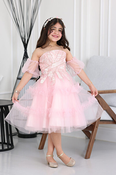 modern designer فستان بناتي تل كتف نازل