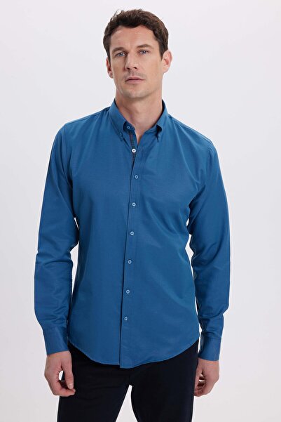 Tudors Men's Slim Fit Slim Fit Long Sleeve Cotton Oxford Texture Easy-Iron Petrol Button-Down Collar Shirt