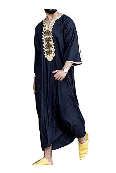 NIBEMINENT Men's Embroidered Mid-Length Muslim Poncho Robe