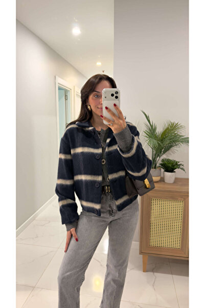 BİRCANÇİL Oreo Navy Blue Patterned Cashmere Jacket