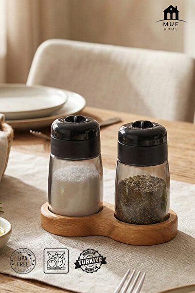 MUF HOME طقم ملح وفلفل زجاجي مكون من قطعتين مع حامل خشبي - طقم توابل عصري - غ...