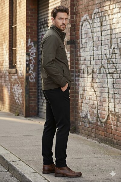 DYNAMO Comfortable Fit Mock Neck Stylish Slim Linen Coat with Front Zipper, Lined Interior, and Flap Pockets