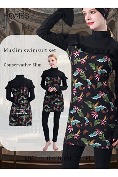 ROAISS 3-Piece Women Swimsuit Set Conservative Floral Muslim Sun Protection S...