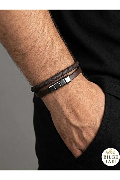 Bilge Takı Men's Brown Braided Leather Bracelet with Metal Detail, Steel Clasp