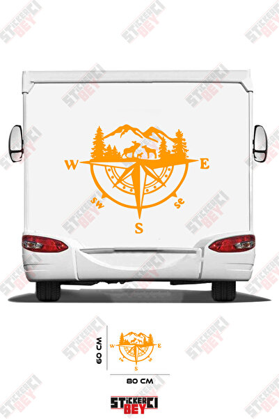 STİCKERCI BEY Camper Sticker Coating with Mountain and Compass Image