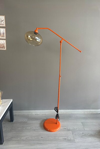 Bamyum Solvia Bal Rengi Cam Turuncu Gövde F Kol Hareketli Başlık Lambader Modern Metal Zemin Lambası