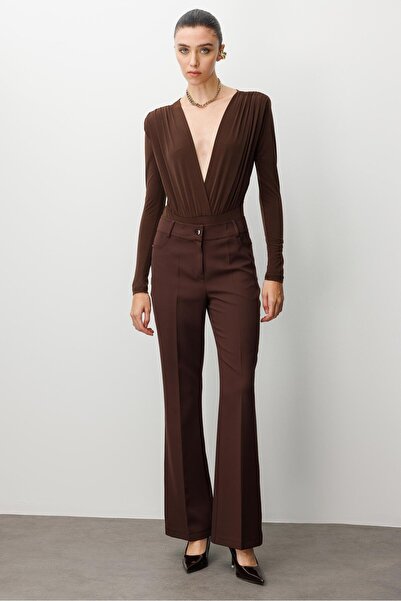 Moda İlgi Modailgi Beş Cep İspanyol Paça Pantolon Kahve