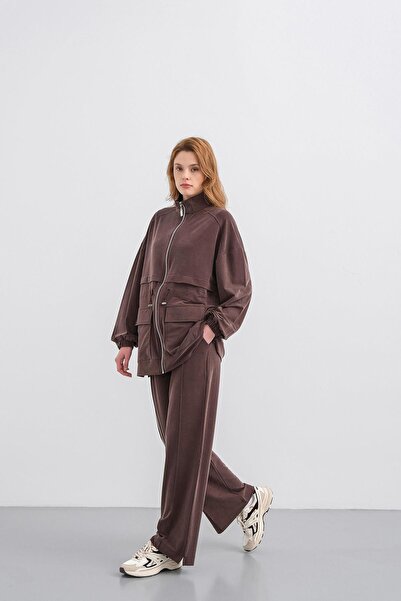 Basicpark Brown Women's Waist Elastic Detailed Pocketed Zipper Closure Oversized Modal Bottom Top Set