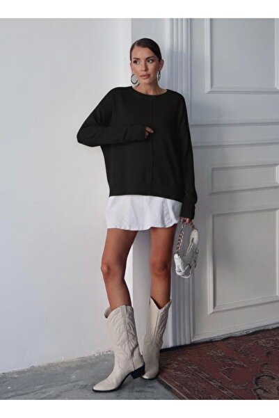 Maysev Kadın Oversize Basic Nervür Dikişli Triko Yuvarlak Yaka, Rahat Kalıp Y...