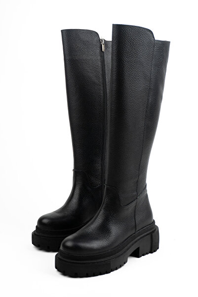 RABU Siyah Kadın Hakiki Deri Kalın Taban Spor Çizme