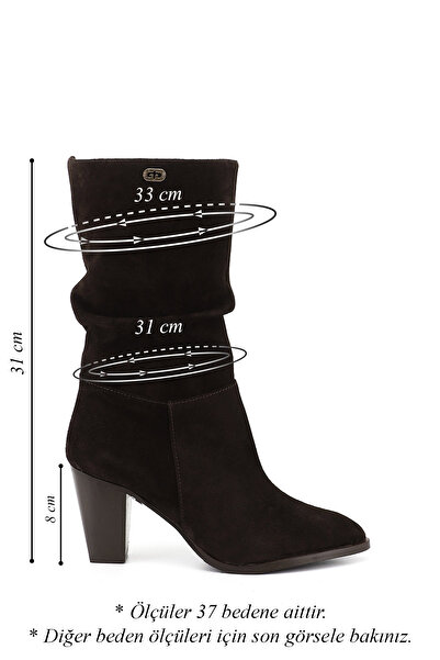 GÖNDERİ(R) Women's Brown Suede Pointed Toe Gusseted Thick Heeled Genuine Leather Boots