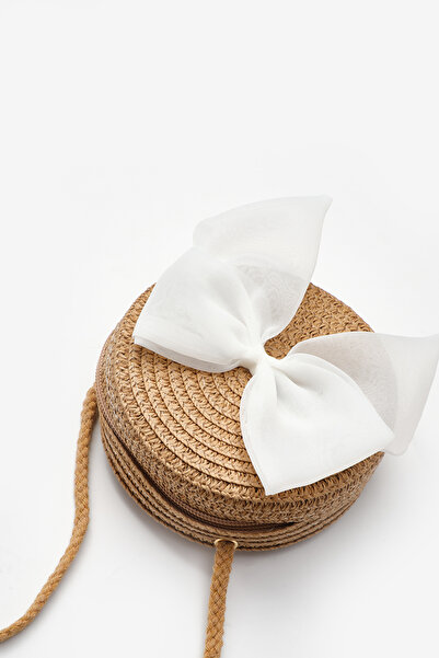 Le Mabelle Geantă de paie pentru fetiță cu fundă maro albă