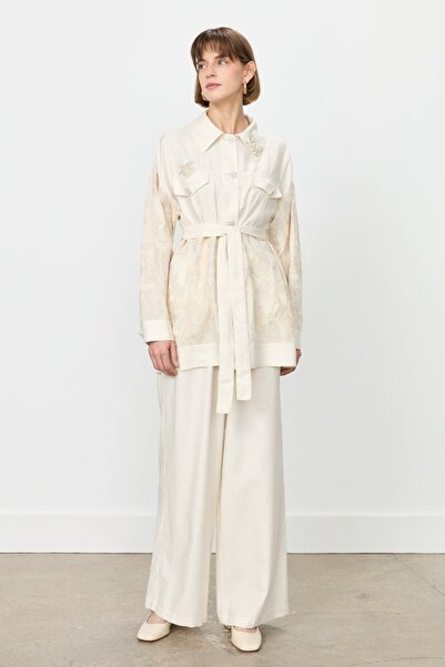 Nihan İnci Düğmeli Keten Pantolon Tunik Takım Bej