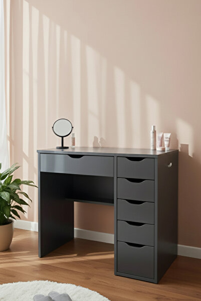 benim odam Diva 6 Çekmeceli Kulis Makyaj Masası - Çalışma Masası Antrasit Gri